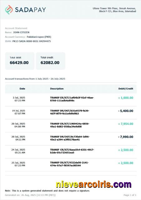 Editable Pakistan SadaPay Account Statement Word And PDF Template