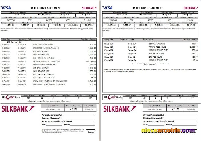 Realistic Pakistan Silkbank Statement Word And PDF Template, 2 Pages