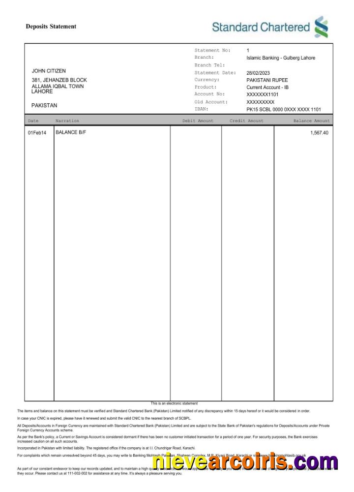 Editable Pakistan Standard Chartered Bank Statement Word And PDF Template Scr