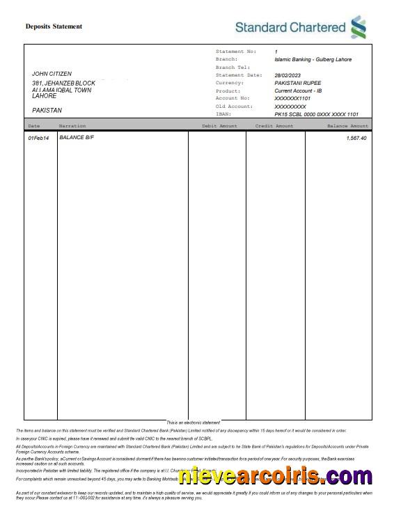 Editable Pakistan Standard Chartered Bank Statement Word And PDF Template