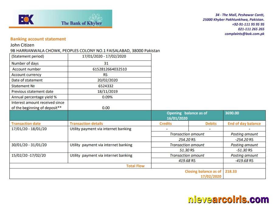 Pakistan The Bank Of Khyber Bank Statement Photolook
