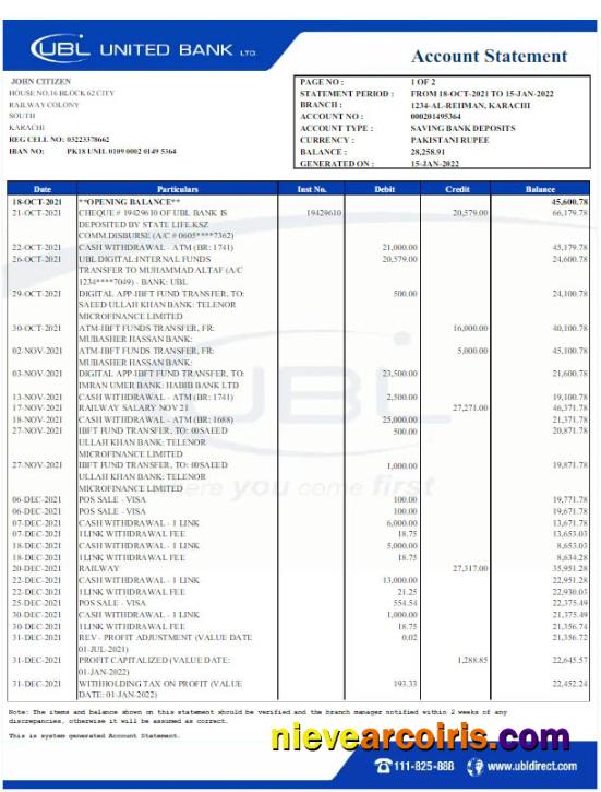 Premium Pakistan UBL Bank Statement Word And PDF Template Scr