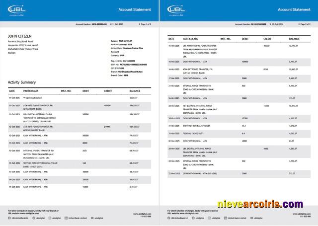 Realistic Pakistan United Bank Limited Account Statement Word And PDF Template, 2 Pages