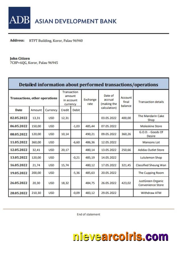 Palau ADB Bank Statement Xls Template