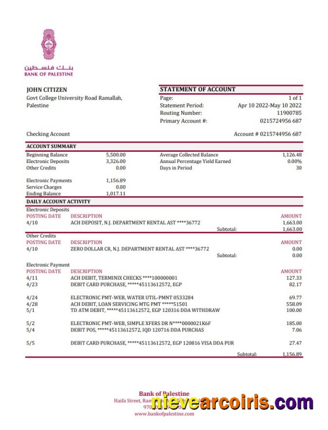 Palestine Bank Of Palestine Bank Statement Xls Sample