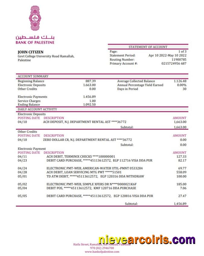 Palestine Bank Of Palestine Bank Statement Sample