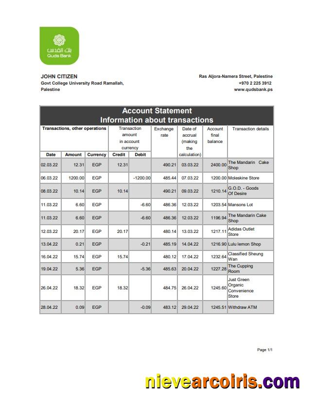 Palestine Quds Bank Statement Xls Sample