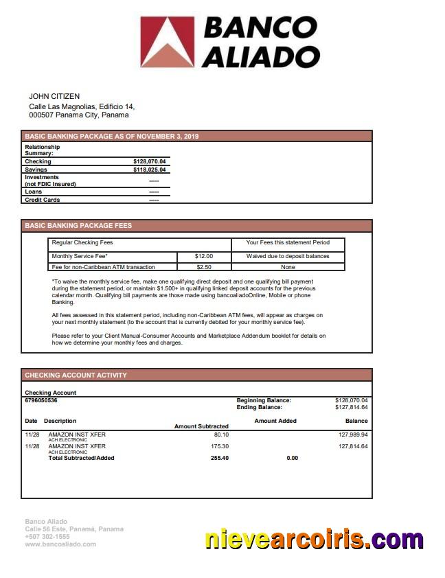 Panama Banco Aliado Bank Statement Template