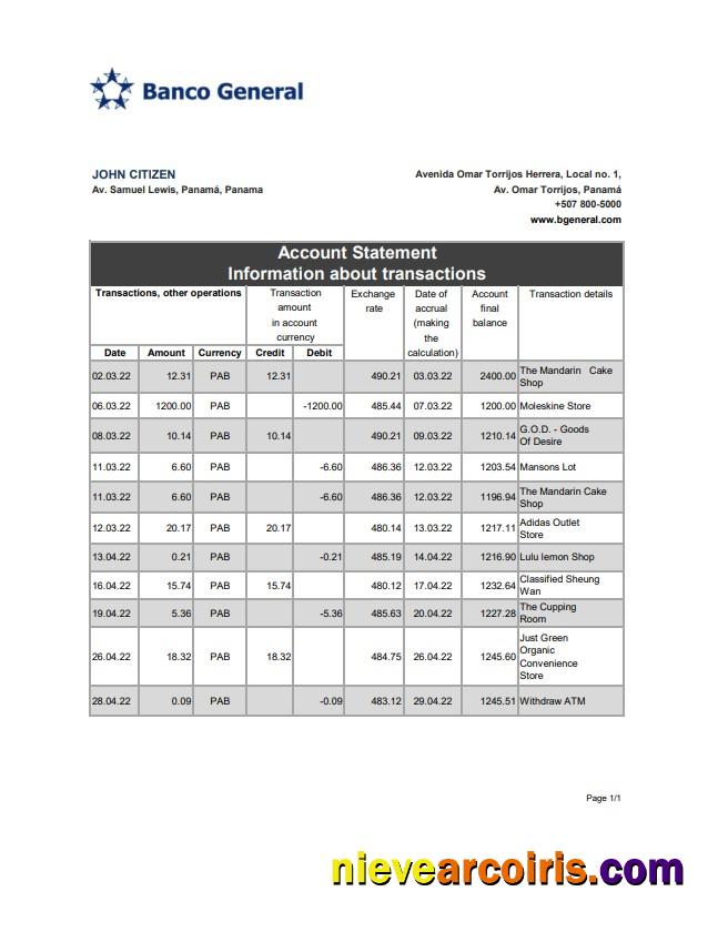 Panama Banco General Bank Statement Xls Sample