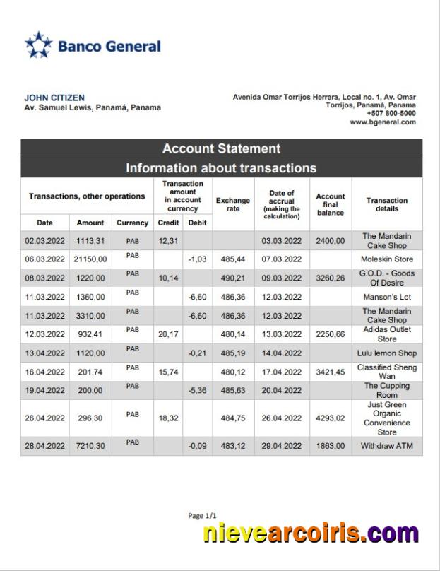 Panama Banco General Bank Statement Preview
