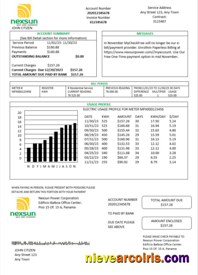 Realistic Panama Nexsun Power Corporation Electricity Utility Bill Word And PDF Template