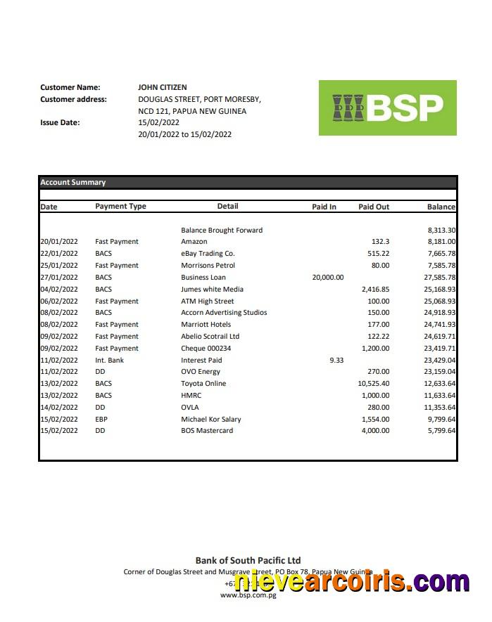 Papua New Guinea BSP Bank Statement Xls Template