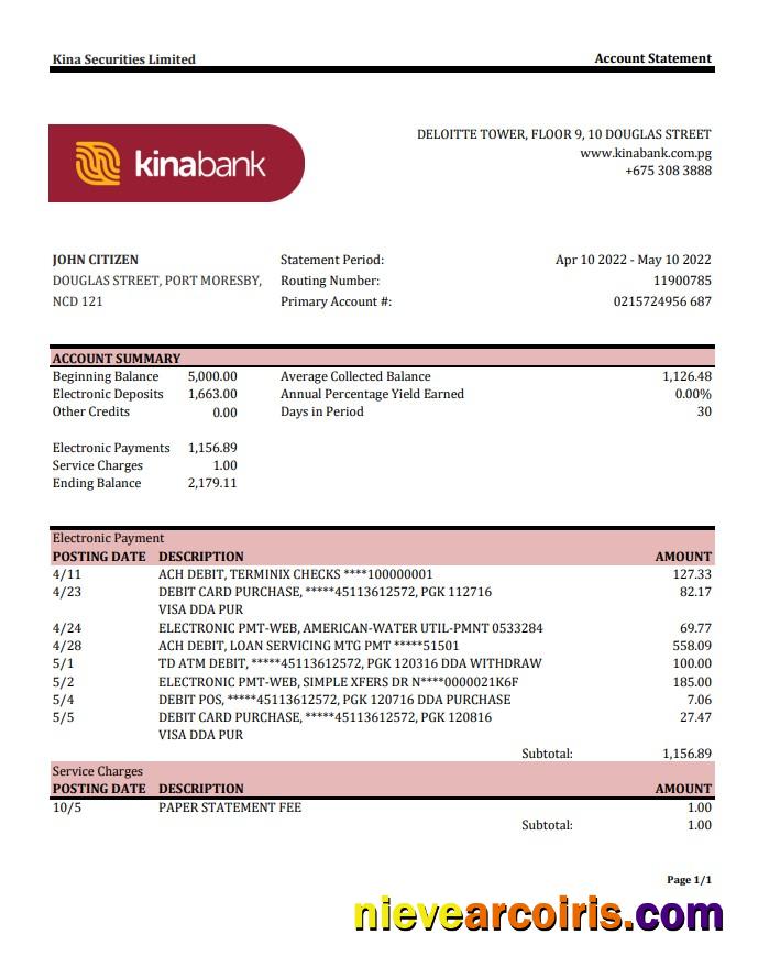 Papua New Guinea Kina Securities Limites Bank Statement Template