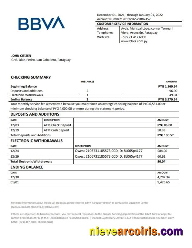 Paraguay BBVA Bank Statement Template