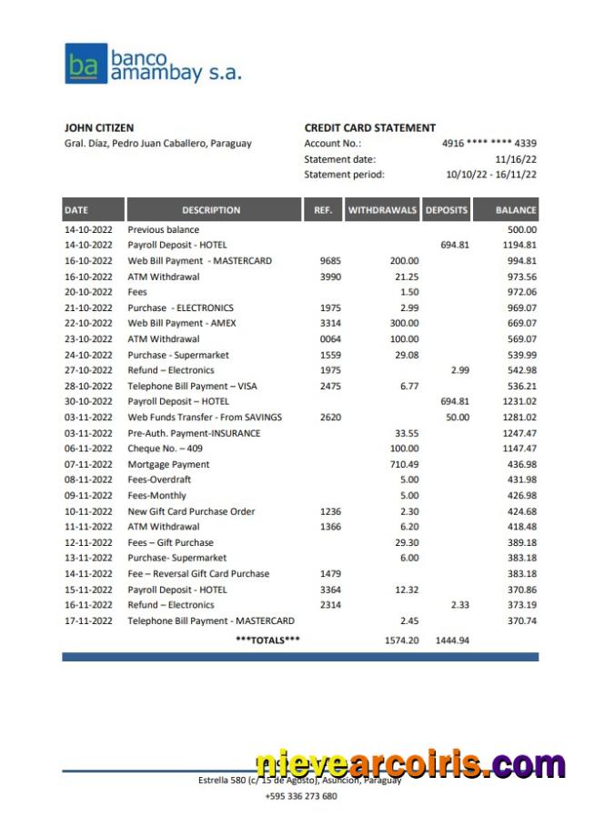 Paraguay Banco Amambay Bank Statement XLS Template