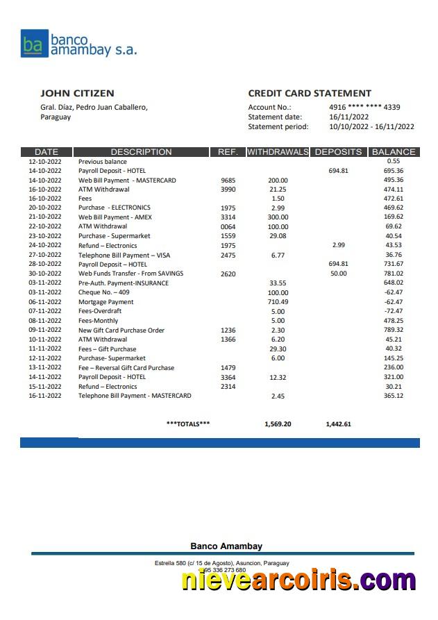 Paraguay Banco Amambay Bank Statement Sample