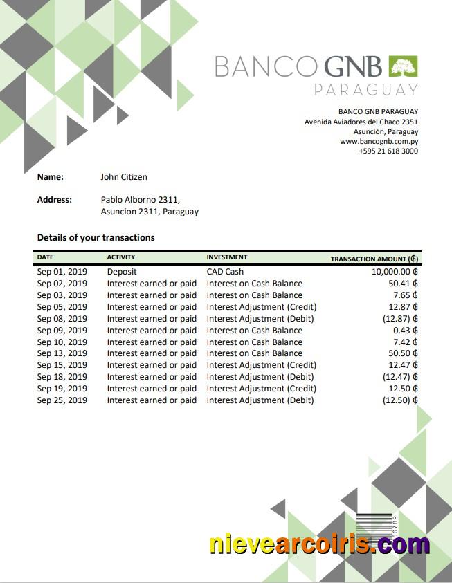 Paraguay Banco Continental S.A.E.C.A. Bank Statement Sample