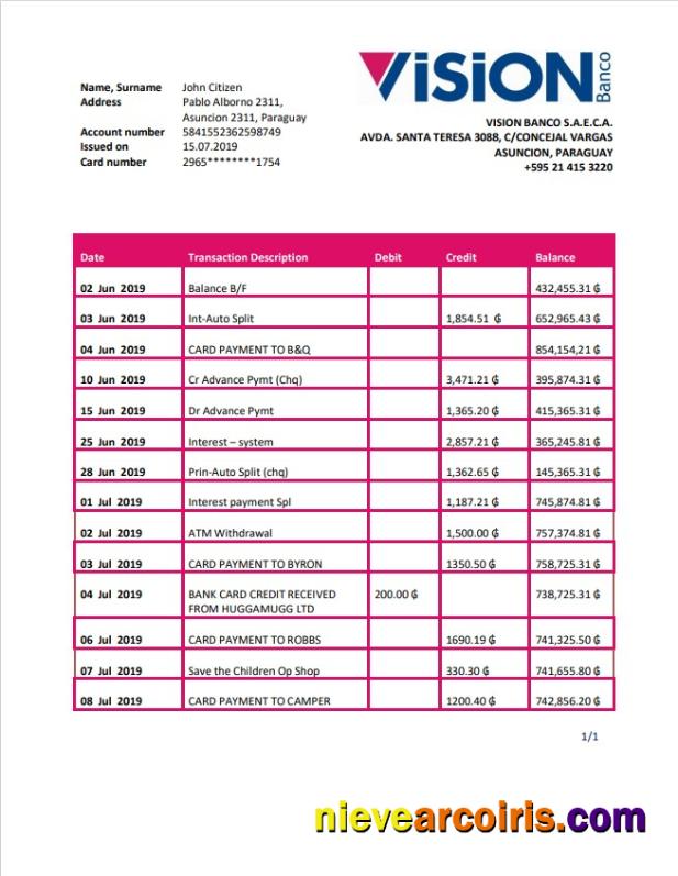 Paraguay Vision Banco Bank Statement Sample
