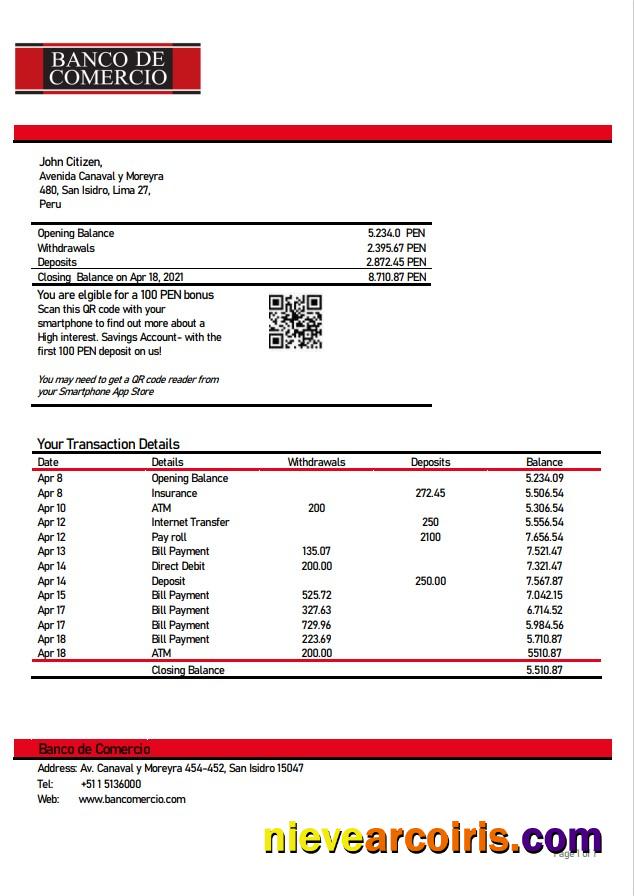 Peru Banco De Comercio Bank Statement Preview