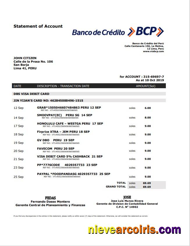 Peru Banco De Credito Del Peru (BCP) Bank Statement Template