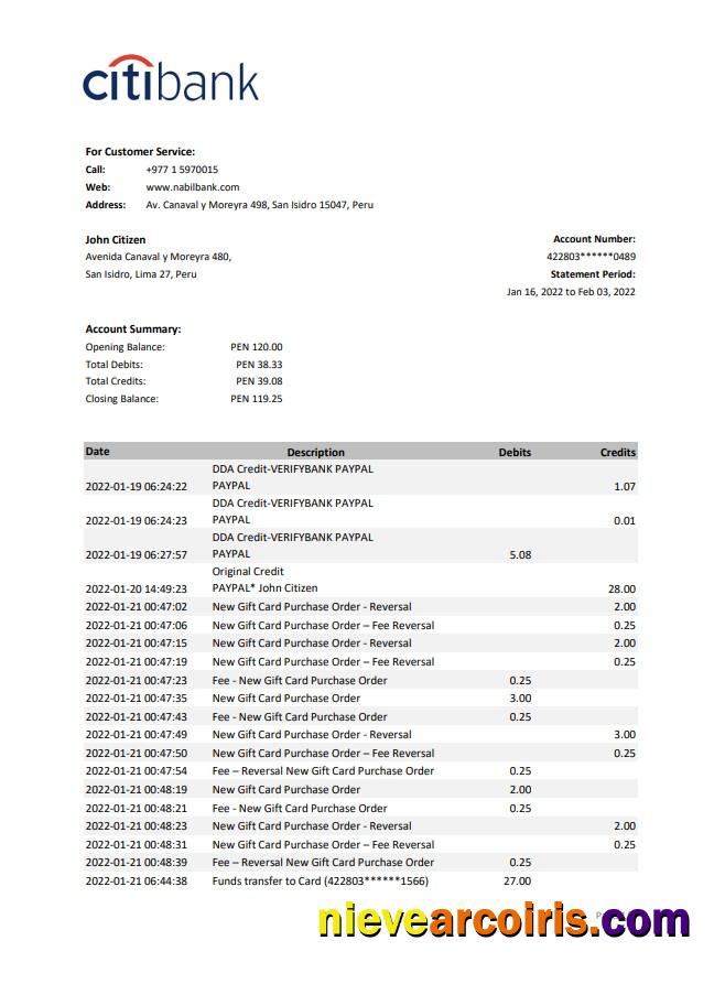 Premium Peru Citibank Bank Statement Excel And PDF Template