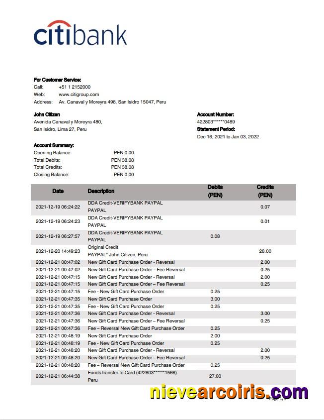 Peru Citibank Bank Statement Preview