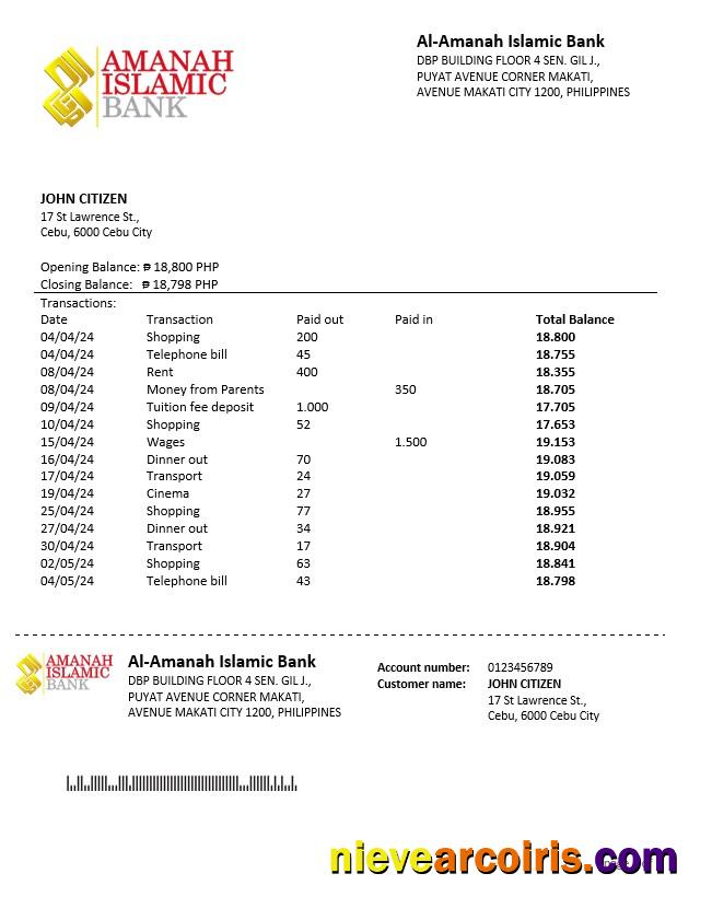 Philippines Al Amanah Islamic Investment Bank Statement Template