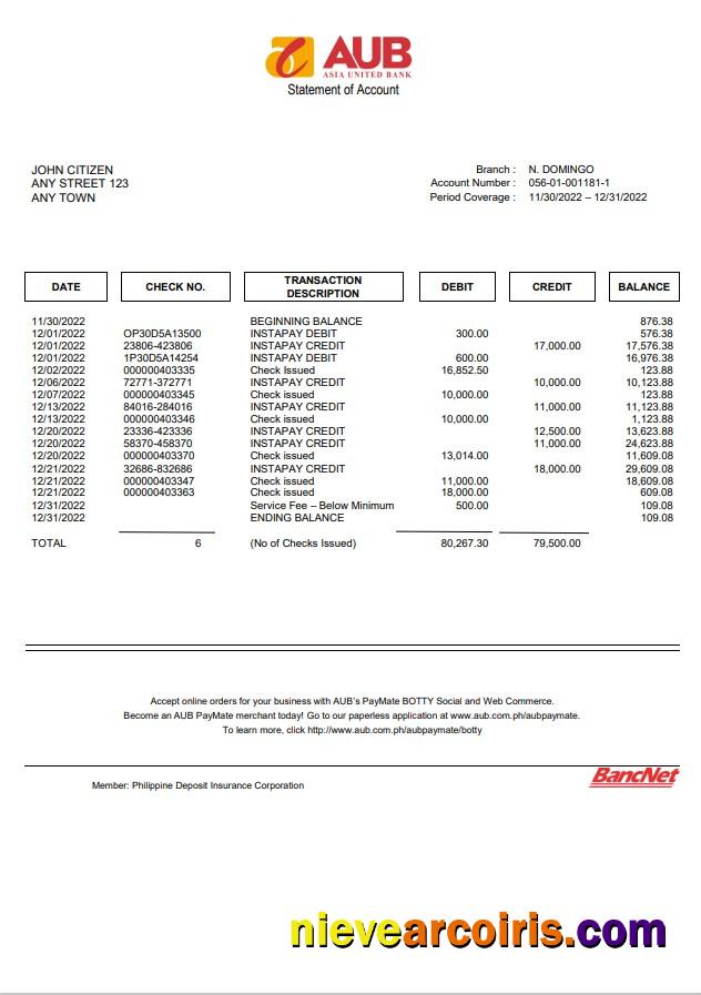 Philippines Asia United Bank (AUB) Account Statement Sample