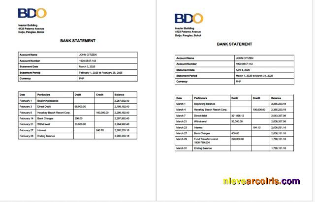 Editable Philippines BDO Bank Account Statement Word And PDF Template, 2 Pages