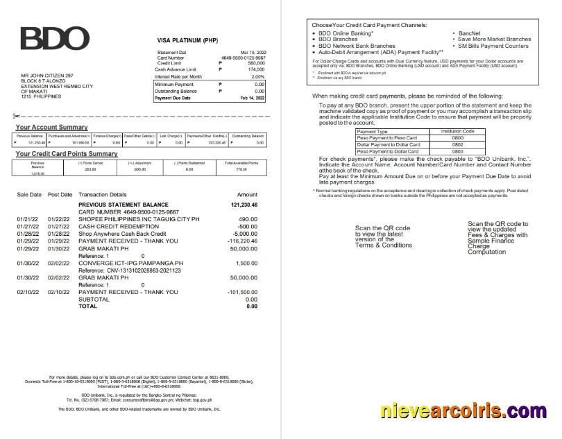Philippines BDO Bank Credit Card Statement 2 Pages Sample