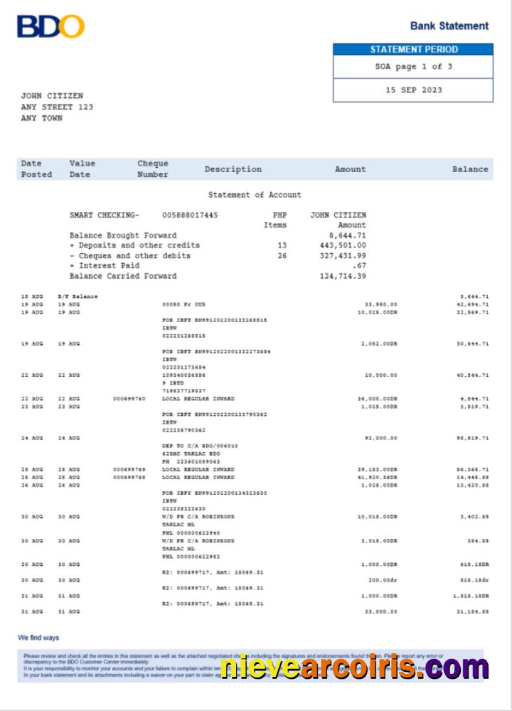 Philippines BDO Bank Statement Word And PDF, Version 2 Sample