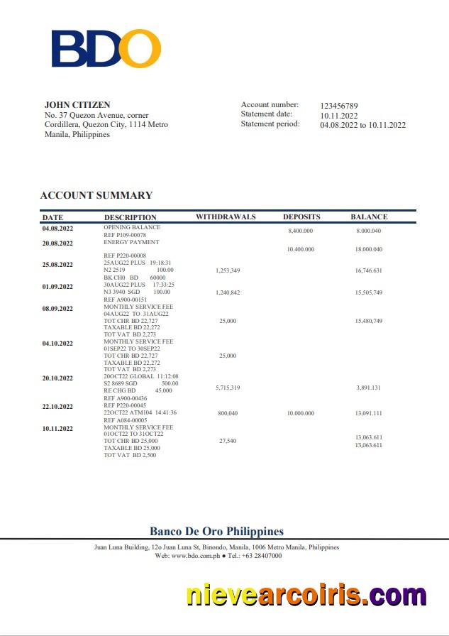 Philippines BDO Bank Statement Sample