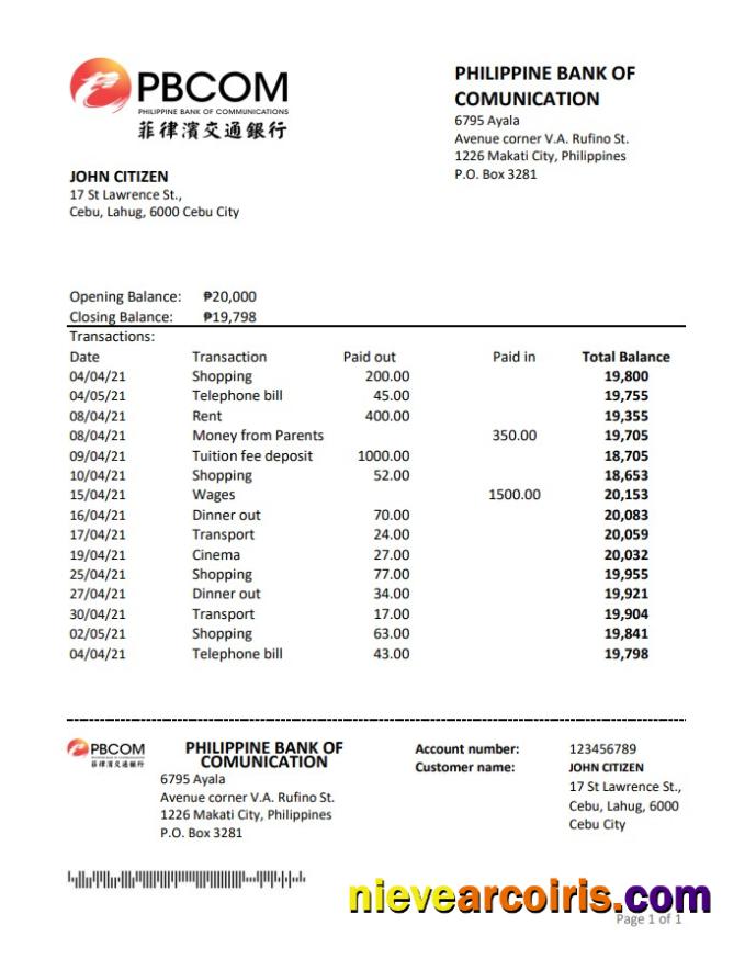 Philippines Bank Of Communications Excel Pdf Template