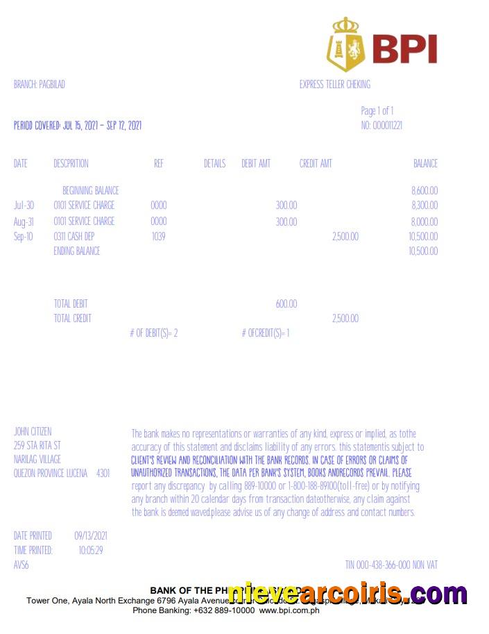 Professional Philippines Bank Of The Philippine Islands (BPI) Bank Statement Template In Excel And PDF Format, Version 2