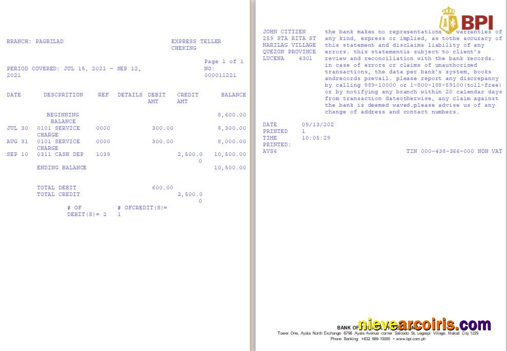 Professional Philippines Bank Of The Philippine Islands (BPI) Bank Statement Template In Word And PDF Format, Version 2