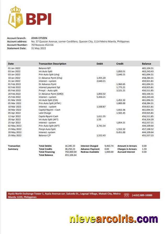 Professional Philippines Bank Of The Philippine Islands Bank Statement Template In Word And PDF Format