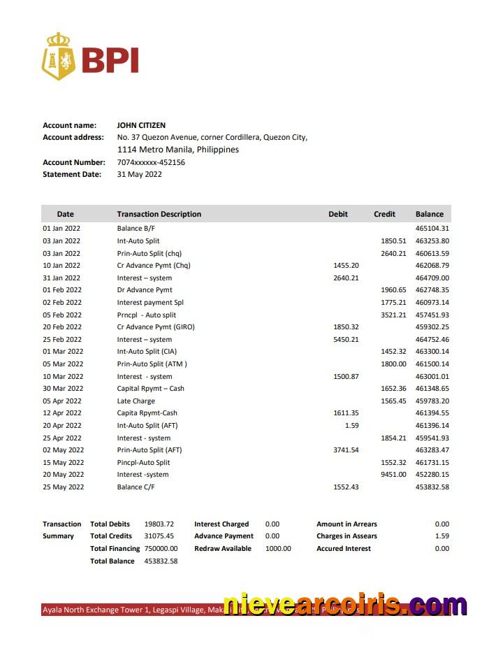 Philippines Bank Of The Philippine Islands Bank Statement Template