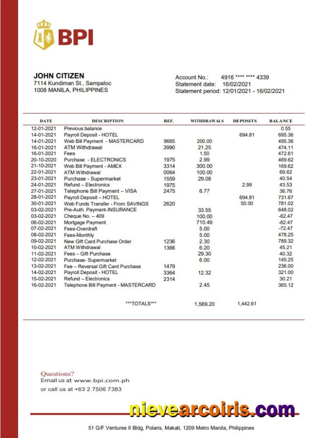 Professional Philippines Bank Of The Philippine Islands Proof Of Address Bank Statement Template In Word And PDF Format