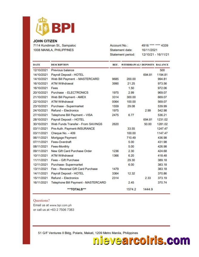 Realistic Philippines Bank Of The Philippine Bank Statement Easy To Fill Template In Excel And PDF Format