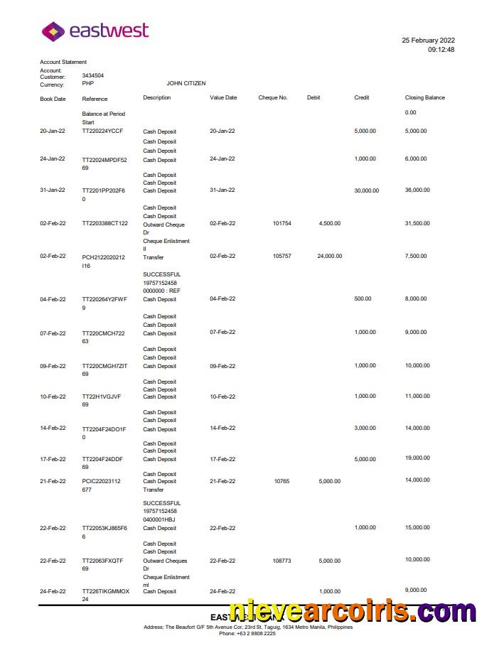 Realistic Philippines EastWest Bank Statement Template In Excel And PDF Format