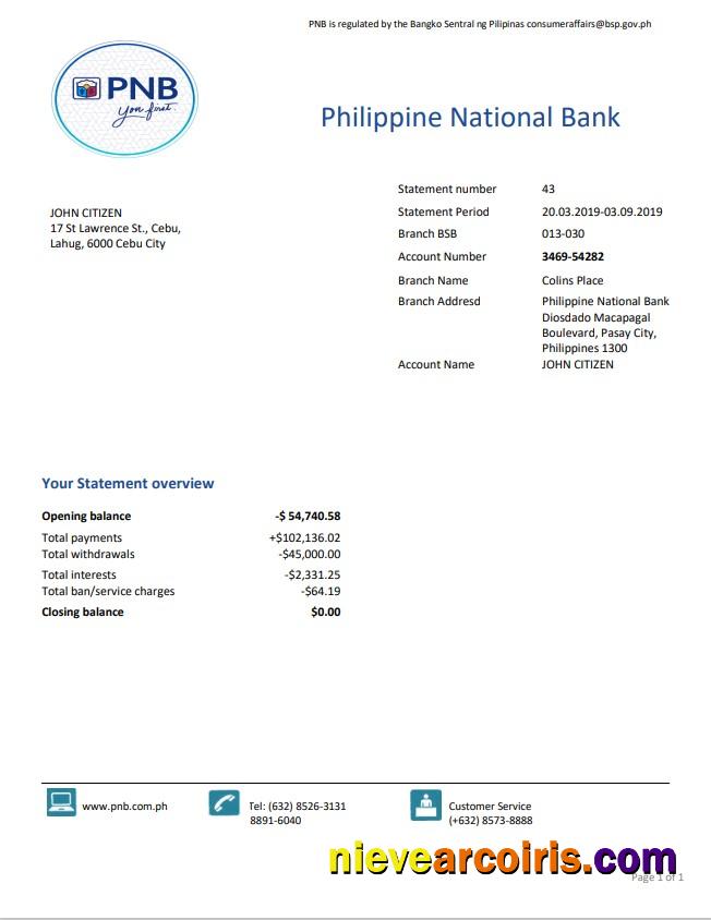 Realistic Philippines National Bank (PNB) Proof Of Address Bank Statement Template In Word And PDF Format