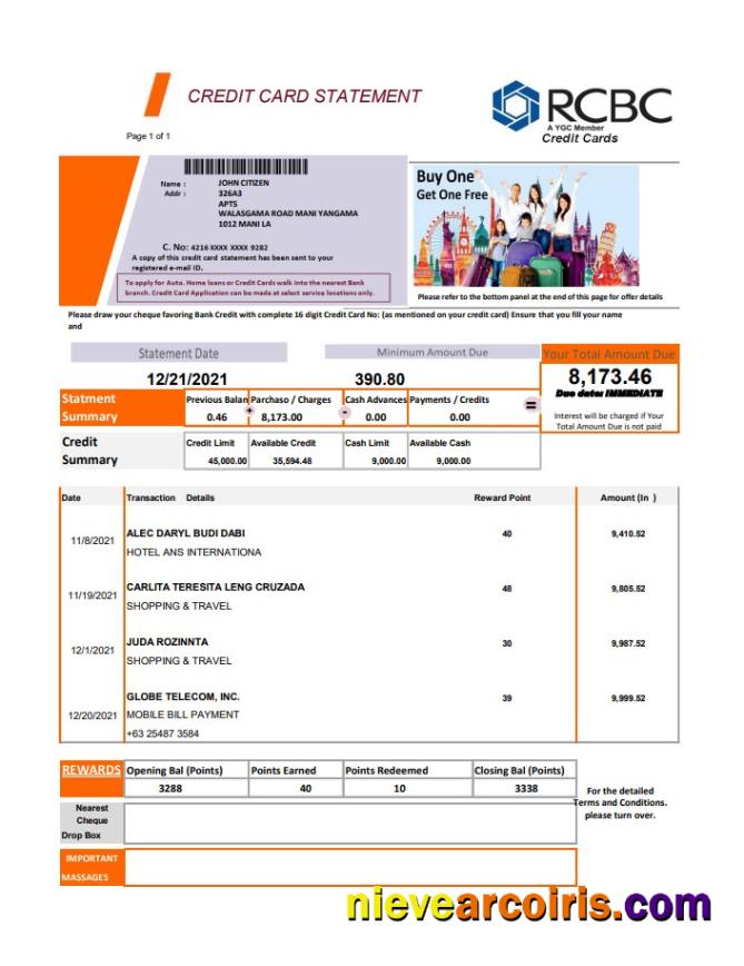 Premium Philippines Rizal Commercial Banking Corporation (RCBC) Credit Card Statement Template In .xls And .pdf File Format