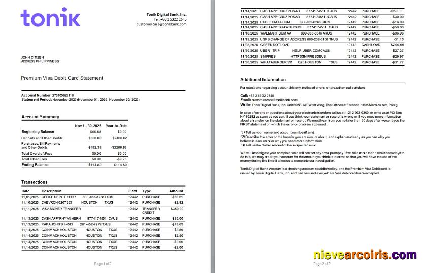Premium Philippines Tonik Bank Premium Visa Debit Card Statement Word And PDF Template Scr, 2 Pages