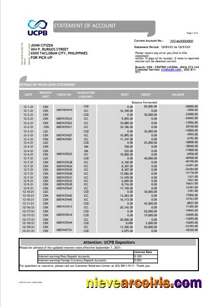 Editable Philippines UCPB Bank Statement Of Account Template In Excel And PDF Format