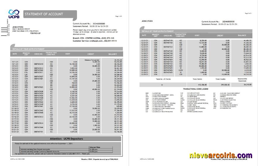 Professional Philippines UCPB Bank Statement Of Account Template In Word And PDF Format