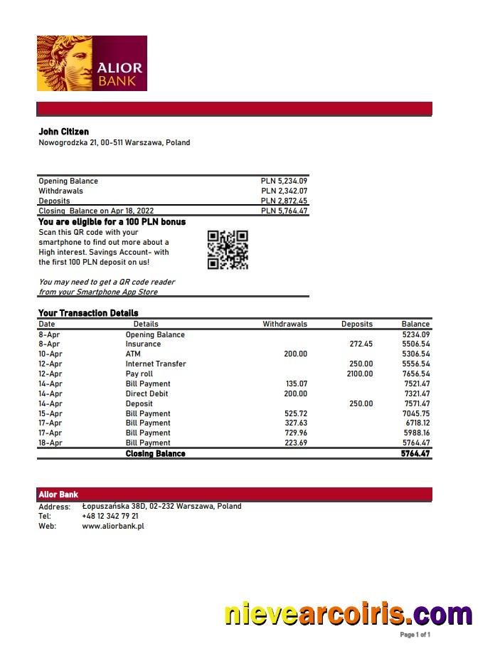 Poland Alior Bank Statement Xls Template