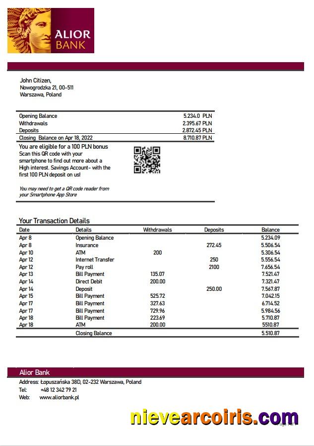Poland Alior Bank Statement Preview