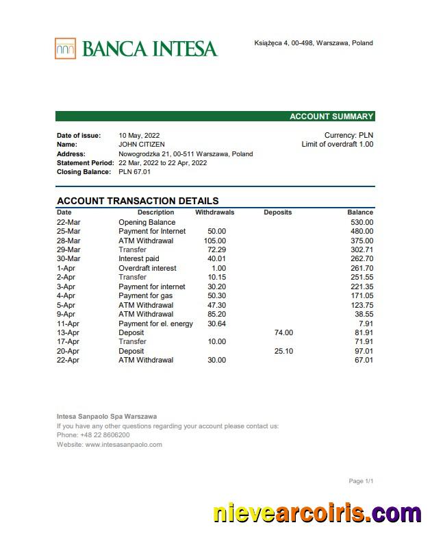 Poland Banca Intesa Bank Statement Preview