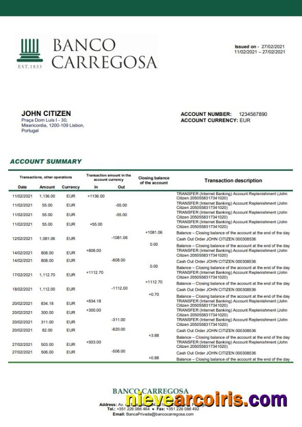 Portugal Banco Carregosa Word Pdf Template