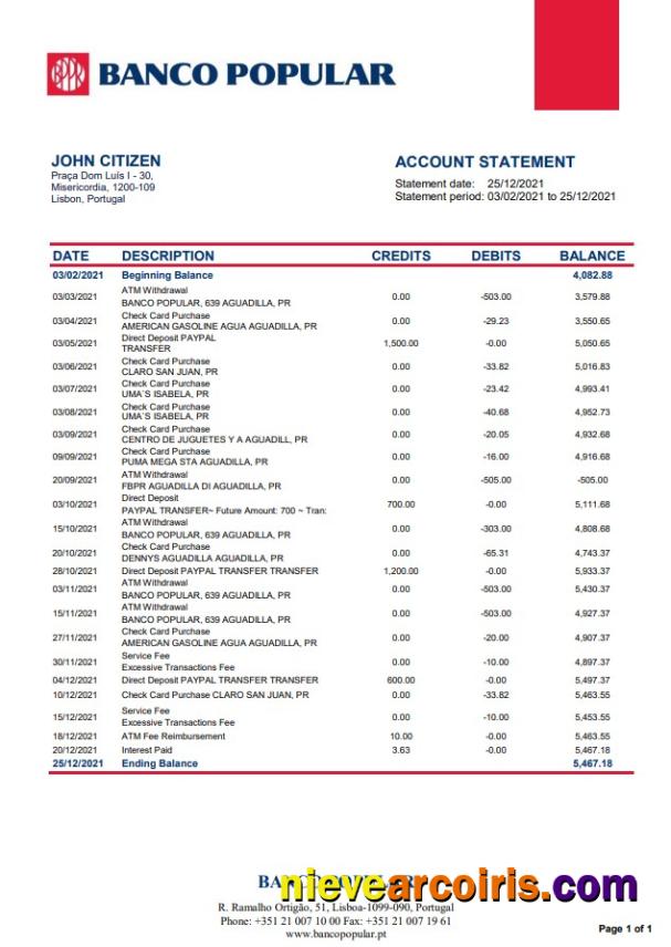 Portugal Banco Popular Word Pdf Template